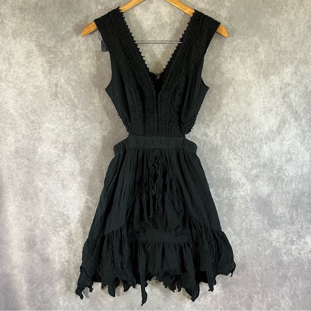 Vintage Free People Dress Women 0 Black Embroidery Side Cutout V-Neck *See Desc*